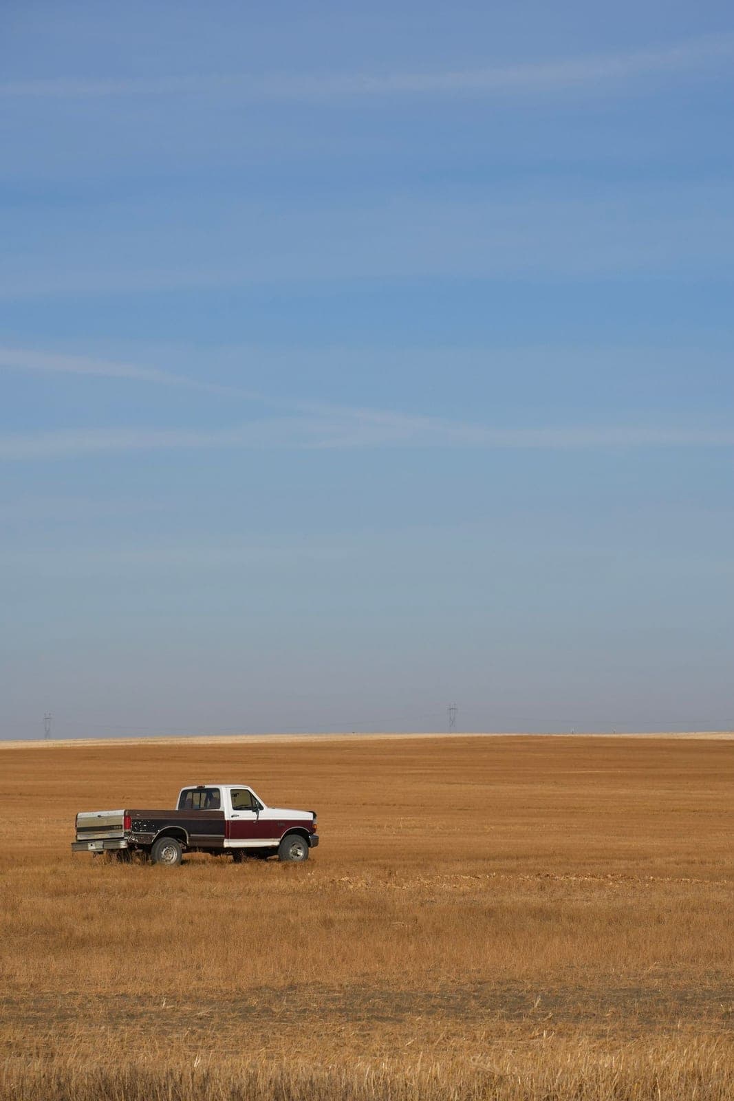 White pickup parked on open farmland under a blue sky