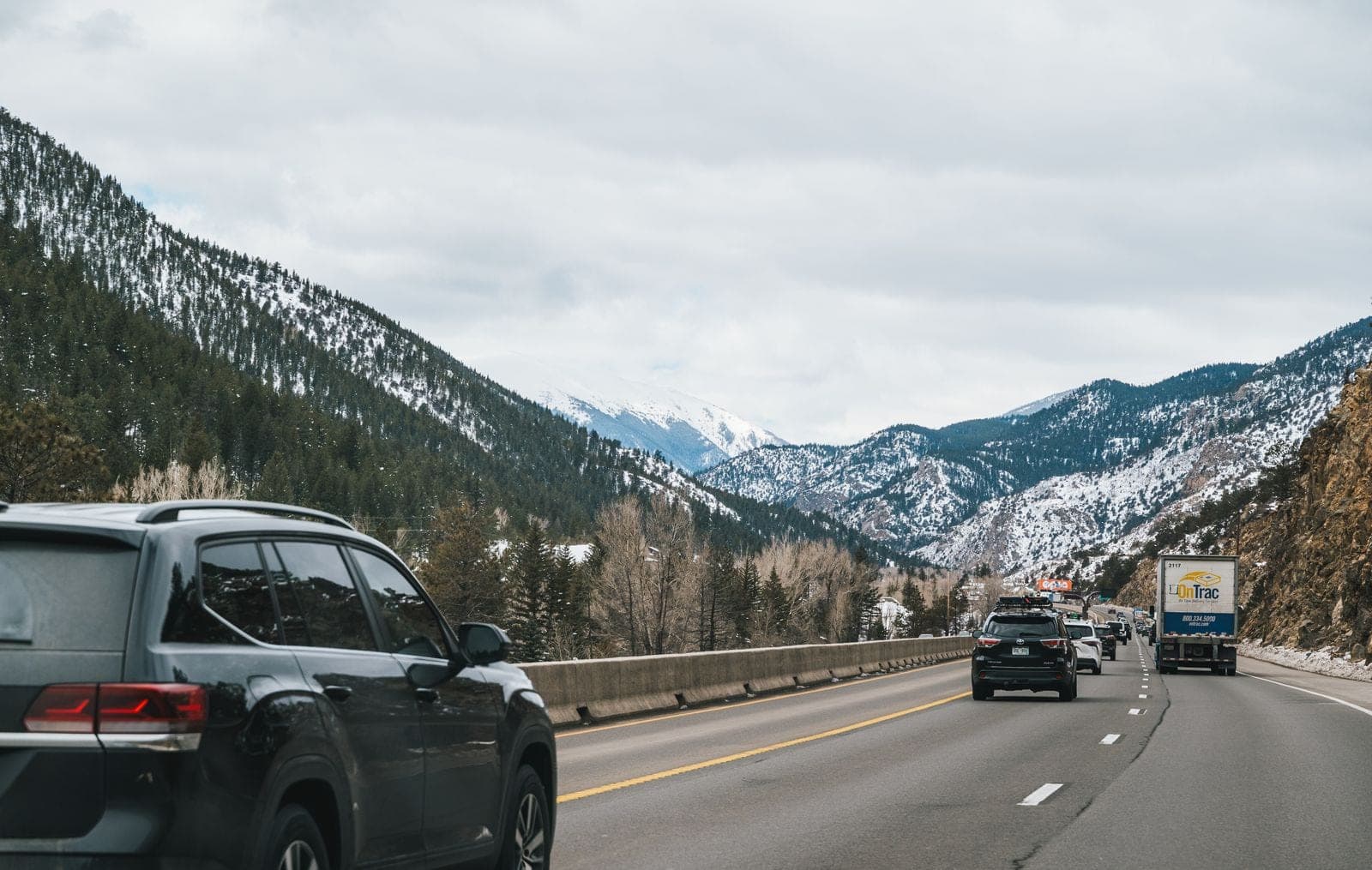 Traffic on a mountain interstate in early winter