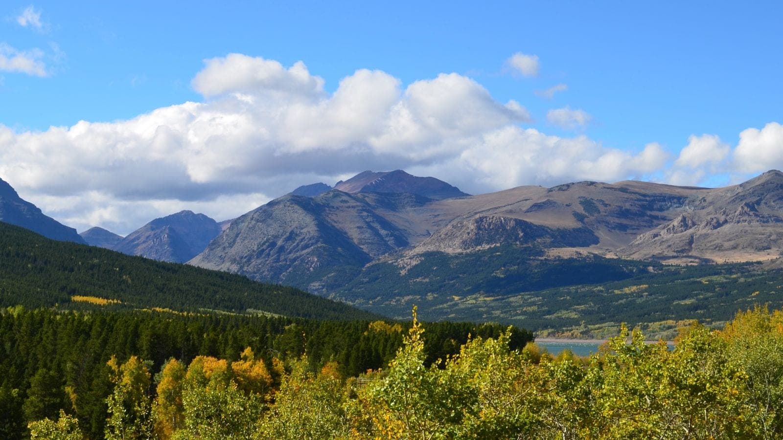 Mountains and autumn forest under a bright sky