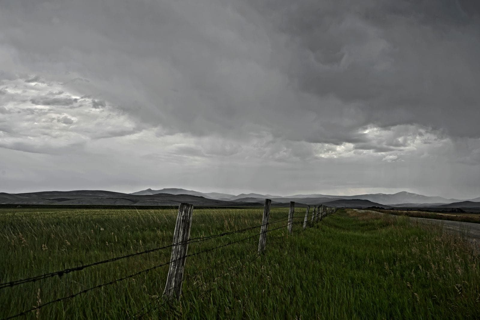 Barbed wire fence and green grass under storm clouds